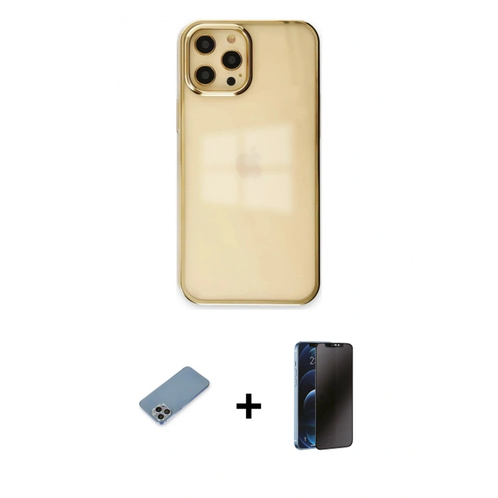 MARSİLYAN™- iPhone 12 Pro Max Kılıf Doruk Doku Prime - Siyah 3D Antistatik Hayalet Cam Ekran Koruyucu + Shine Kamera Lens Koruma Cam - GI