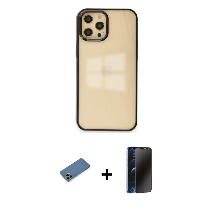 MARSİLYAN™- iPhone 12 Pro Max Kılıf Doruk Doku Prime - Siyah 3D Antistatik Hayalet Cam Ekran Koruyucu + Shine Kamera Lens Koruma Cam - GD