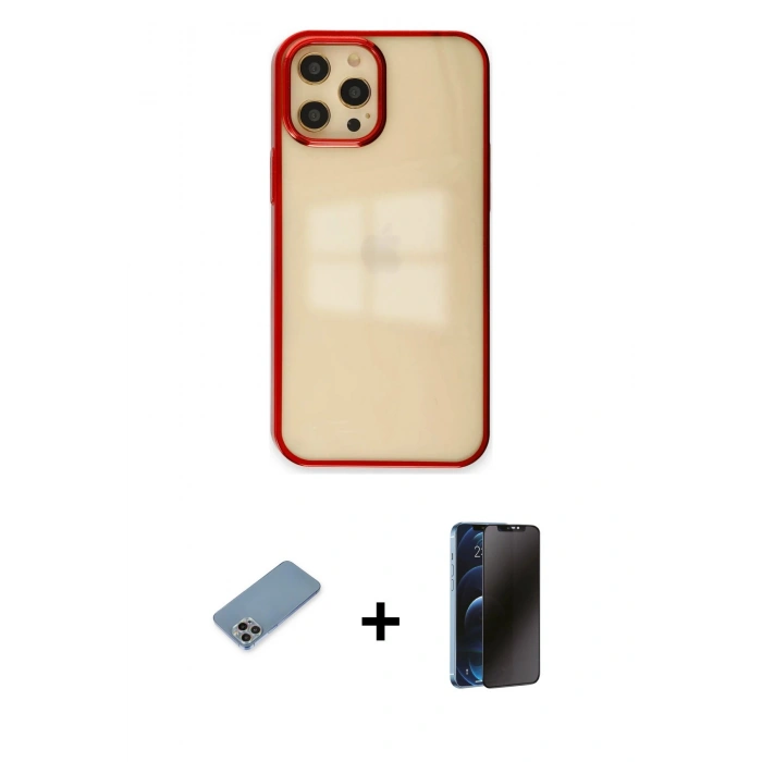 MARSİLYAN™- iPhone 12 Pro Max Kılıf Doruk Doku Prime - Siyah 3D Antistatik Hayalet Cam Ekran Koruyucu + Shine Kamera Lens Koruma Cam - GI