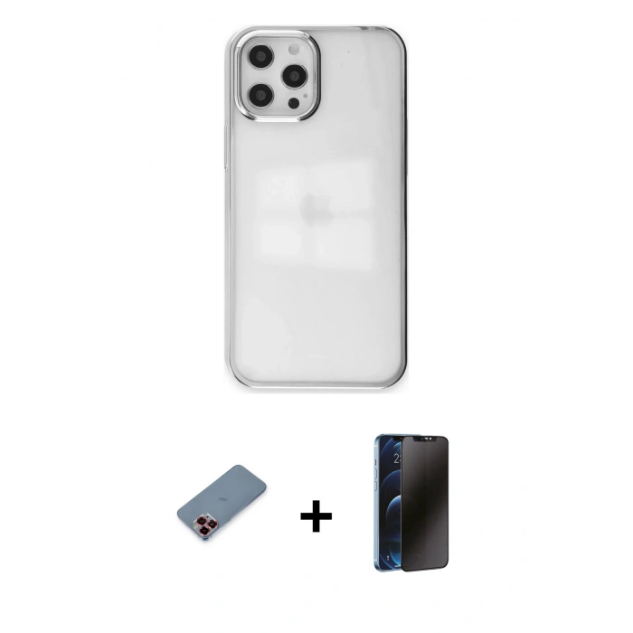 MARSİLYAN™- iPhone 12 Pro Max Kılıf Doruk Doku Prime - Siyah 3D Antistatik Hayalet Cam Ekran Koruyucu + Metal Kamera Lens Koruma Cam - KI