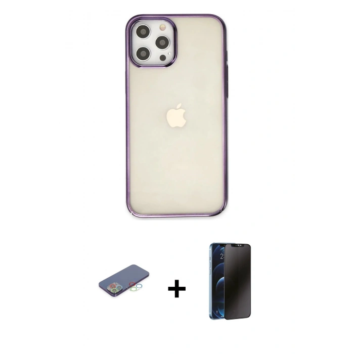 MARSİLYAN™- iPhone 12 Pro Max Kılıf Doruk Doku Prime - Siyah 3D Antistatik Hayalet Cam Ekran Koruyucu + Renkli Kamera Lens Koruma Cam - MI
