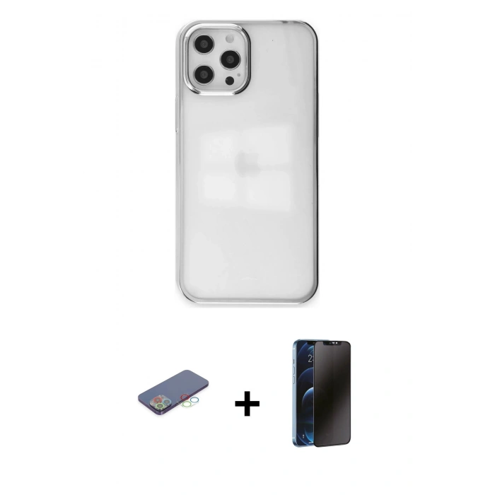 MARSİLYAN™- iPhone 12 Pro Max Kılıf Doruk Doku Prime - Siyah 3D Antistatik Hayalet Cam Ekran Koruyucu + Renkli Kamera Lens Koruma Cam - MI
