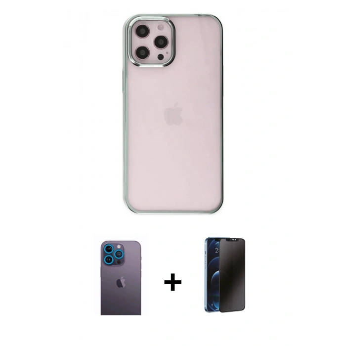 MARSİLYAN™- iPhone 12 Pro Max Kılıf Doruk Doku Prime - Siyah 3D Antistatik Hayalet Cam Ekran Koruyucu + Neon Fosforlu Kamera Lens - MI