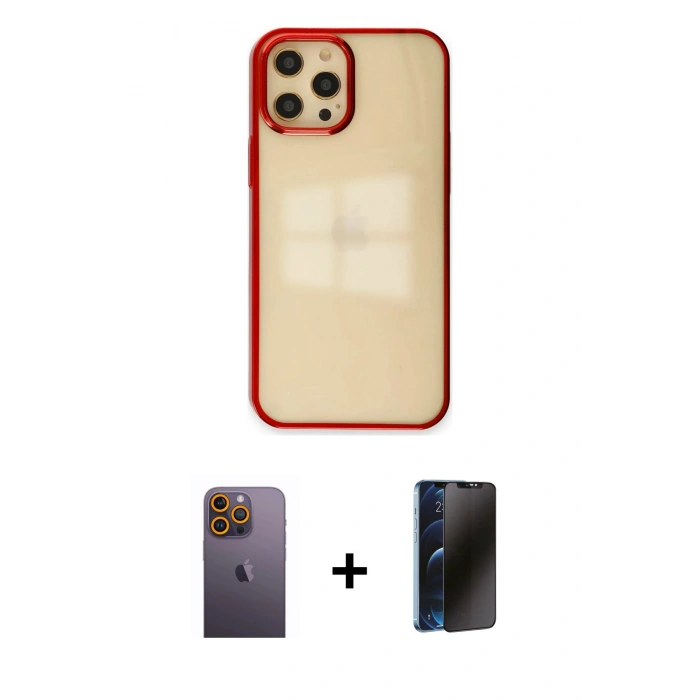 MARSİLYAN™- iPhone 12 Pro Max Kılıf Doruk Doku Prime - Siyah 3D Antistatik Hayalet Cam Ekran Koruyucu + Neon Fosforlu Kamera Lens - SI