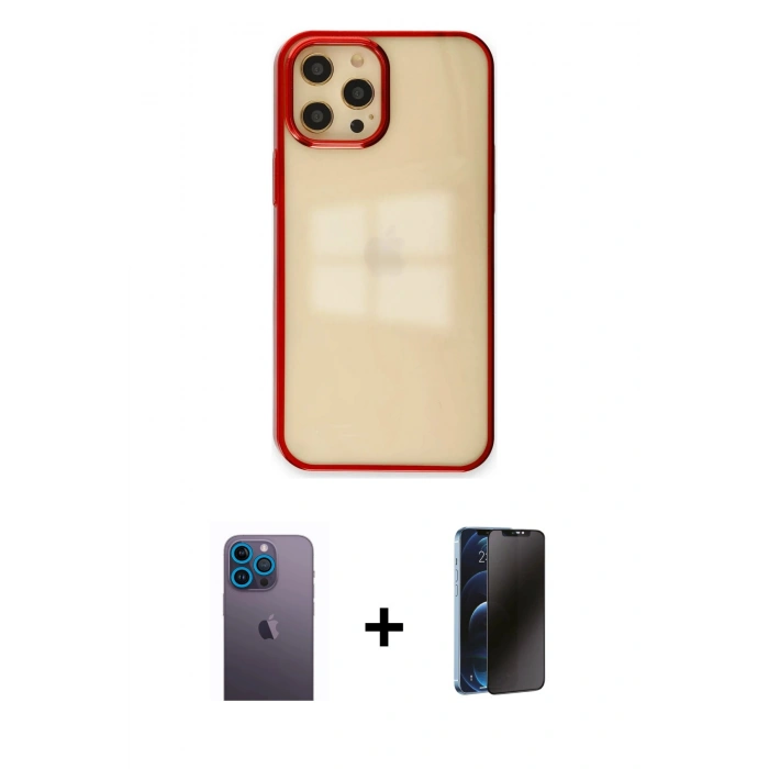 MARSİLYAN™- iPhone 12 Pro Max Kılıf Doruk Doku Prime - Siyah 3D Antistatik Hayalet Cam Ekran Koruyucu + Neon Fosforlu Kamera Lens - MI