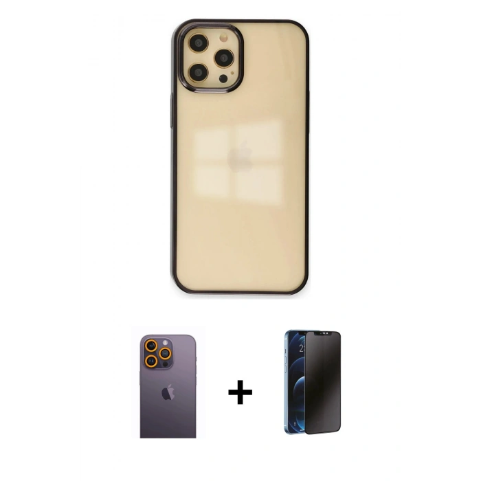 MARSİLYAN™- iPhone 12 Pro Max Kılıf Doruk Doku Prime - Siyah 3D Antistatik Hayalet Cam Ekran Koruyucu + Neon Fosforlu Kamera Lens - SI