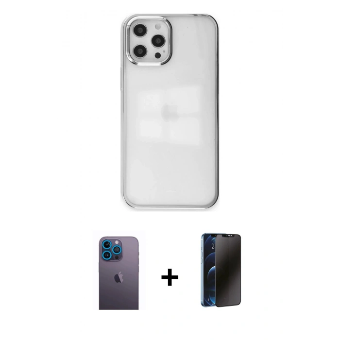 MARSİLYAN™- iPhone 12 Pro Max Kılıf Doruk Doku Prime - Siyah 3D Antistatik Hayalet Cam Ekran Koruyucu + Neon Fosforlu Kamera Lens - MI
