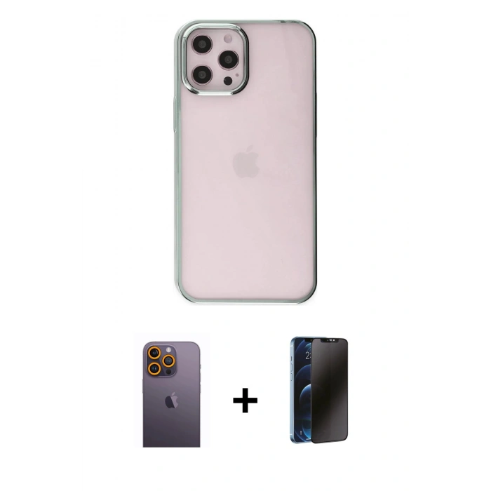 MARSİLYAN™- iPhone 12 Pro Max Kılıf Doruk Doku Prime - Siyah 3D Antistatik Hayalet Cam Ekran Koruyucu + Neon Fosforlu Kamera Lens - SI
