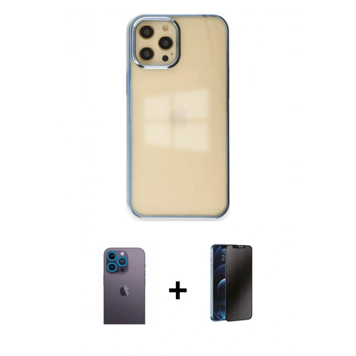 MARSİLYAN™- iPhone 12 Pro Max Kılıf Doruk Doku Prime - Siyah 3D Antistatik Hayalet Cam Ekran Koruyucu + Neon Fosforlu Kamera Lens - MI