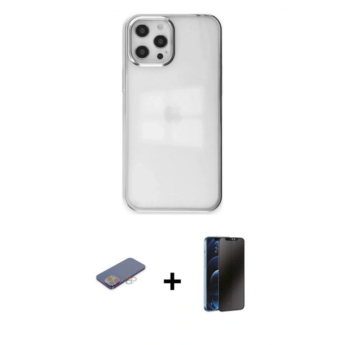 MARSİLYAN™- iPhone 12 Pro Max Kılıf Doruk Doku Prime - Siyah 3D Antistatik Hayalet Cam Ekran Koruyucu + Renkli Kamera Lens Koruma Cam - PE