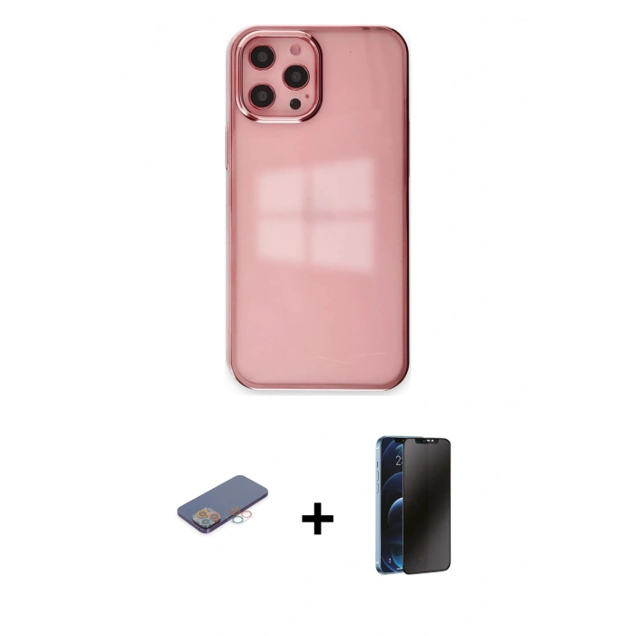 MARSİLYAN™- iPhone 12 Pro Max Kılıf Doruk Doku Prime - Siyah 3D Antistatik Hayalet Cam Ekran Koruyucu + Renkli Kamera Lens Koruma Cam - PE