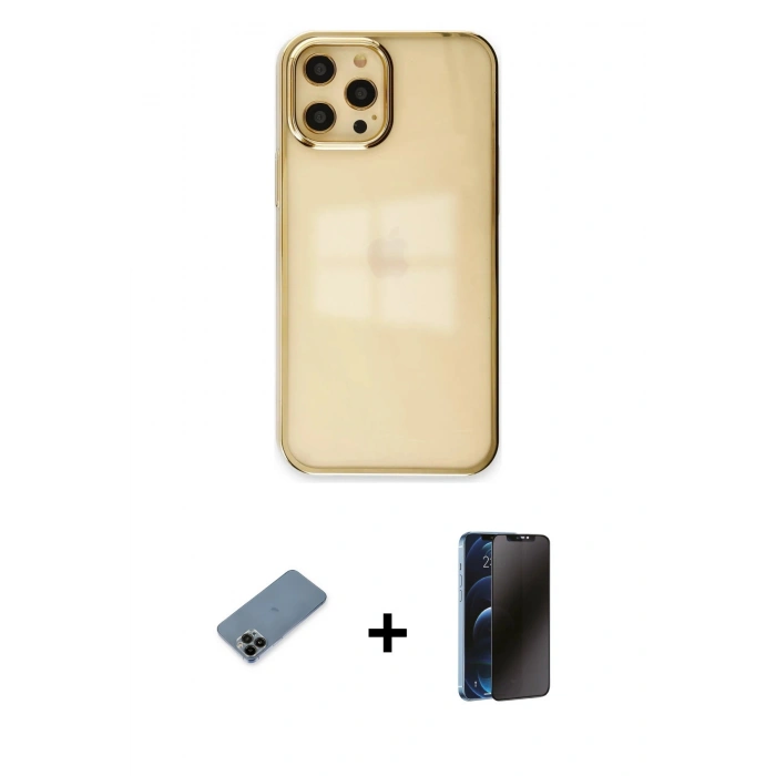 MARSİLYAN™- iPhone 12 Pro Max Kılıf Doruk Doku Prime - Siyah 3D Antistatik Hayalet Cam Ekran Koruyucu + Shine Kamera Lens Koruma Cam - SH