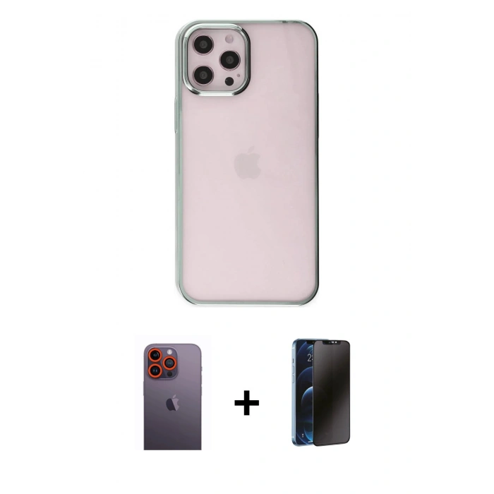 MARSİLYAN™- iPhone 12 Pro Max Kılıf Doruk Doku Prime - Siyah 3D Antistatik Hayalet Cam Ekran Koruyucu + Neon Fosforlu Kamera Lens - TU