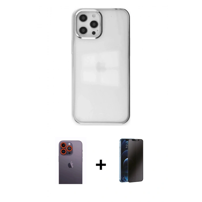 MARSİLYAN™- iPhone 12 Pro Max Kılıf Doruk Doku Prime - Siyah 3D Antistatik Hayalet Cam Ekran Koruyucu + Neon Fosforlu Kamera Lens - TU