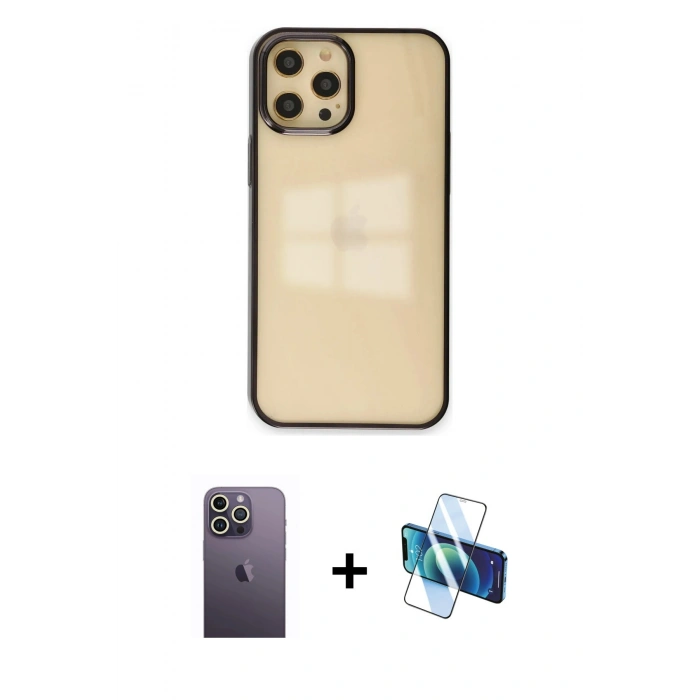 MARSİLYAN™- iPhone 12 Pro Max Kılıf Doruk Doku Prime - Siyah 3D Antistatik Seramik Nano Ekran Koruyucu + Neon Fosforlu Kamera Lens - BZ