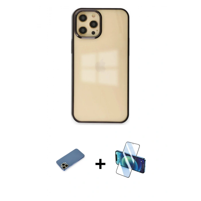 MARSİLYAN™- iPhone 12 Pro Max Kılıf Doruk Doku Prime - Siyah 3D Antistatik Seramik Nano Ekran Koruyucu + Shine Kamera Lens Koruma Cam - GD