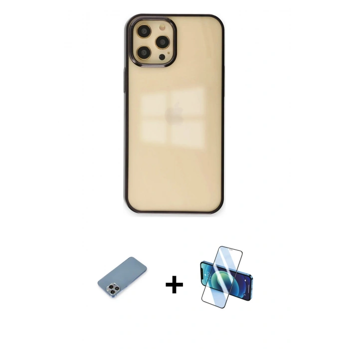 MARSİLYAN™- iPhone 12 Pro Max Kılıf Doruk Doku Prime - Siyah 3D Antistatik Seramik Nano Ekran Koruyucu + Shine Kamera Lens Koruma Cam - GI