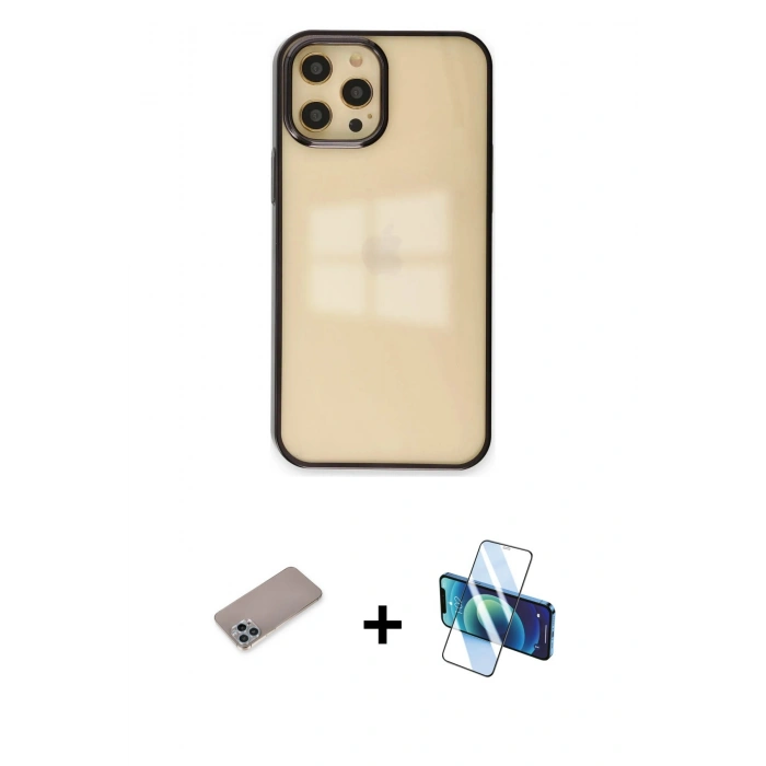 MARSİLYAN™- iPhone 12 Pro Max Kılıf Doruk Doku Prime - Siyah 3D Antistatik Seramik Nano Ekran Koruyucu + Shine Kamera Lens Koruma Cam - SABE