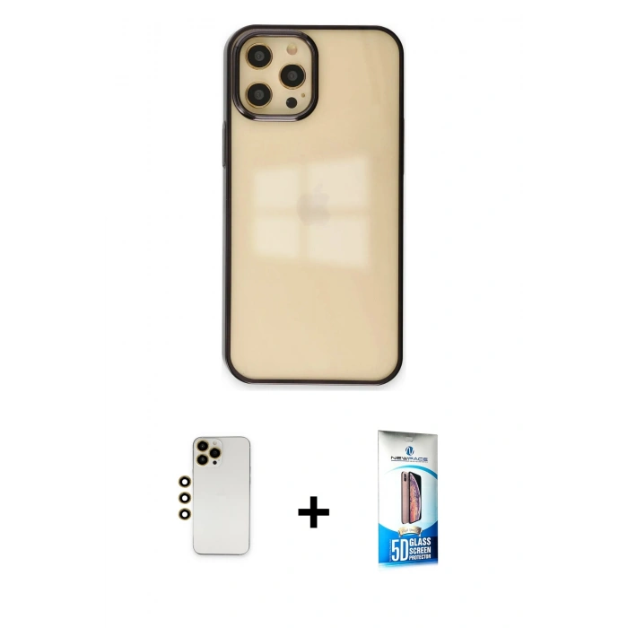 MARSİLYAN™- iPhone 12 Pro Max Kılıf Doruk Doku Prime - Siyah 5D Eko Cam Ekran Koruyucu + Shine Kamera Lens - GD