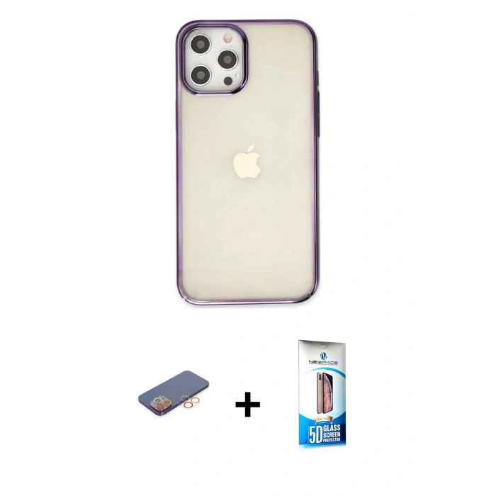MARSİLYAN™- iPhone 12 Pro Max Kılıf Doruk Doku Prime - Siyah 5D Eko Cam Ekran Koruyucu + Renkli Kamera Lens Koruma Cam - TU