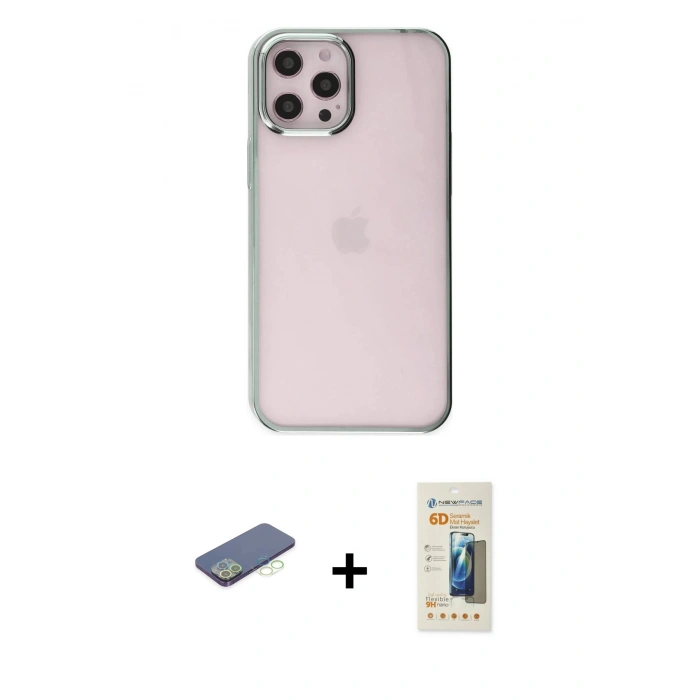 MARSİLYAN™- iPhone 12 Pro Max Kılıf Doruk Doku Prime - Siyah 6D Mat Seramik Hayalet Nano Ekran Koruyucu + Renkli Kamera Lens Koruma Cam - YL