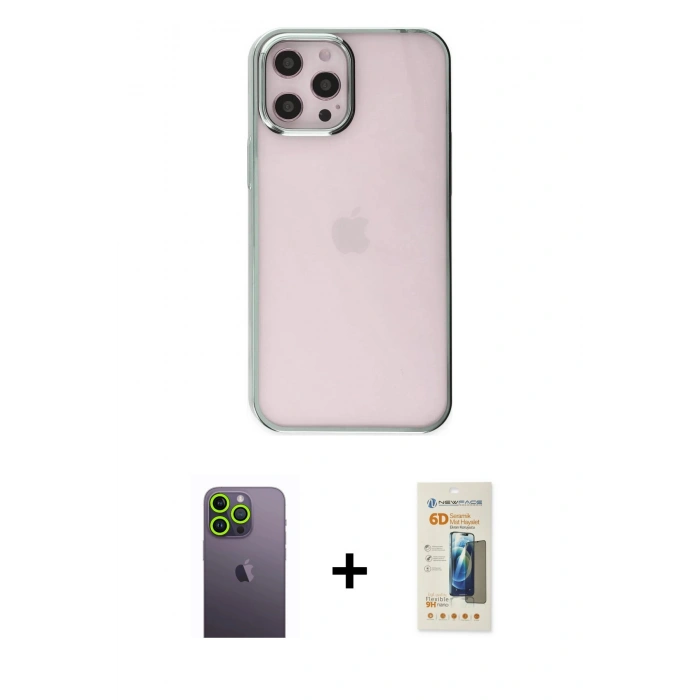 MARSİLYAN™- iPhone 12 Pro Max Kılıf Doruk Doku Prime - Siyah 6D Mat Seramik Hayalet Nano Ekran Koruyucu + Neon Fosforlu Kamera Lens - YL