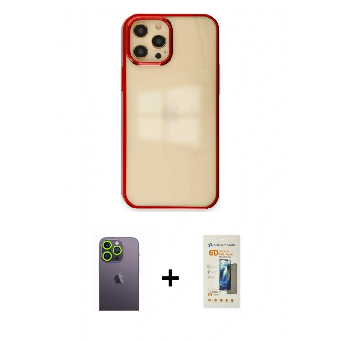 MARSİLYAN™- iPhone 12 Pro Max Kılıf Doruk Doku Prime - Siyah 6D Mat Seramik Hayalet Nano Ekran Koruyucu + Neon Fosforlu Kamera Lens - YL