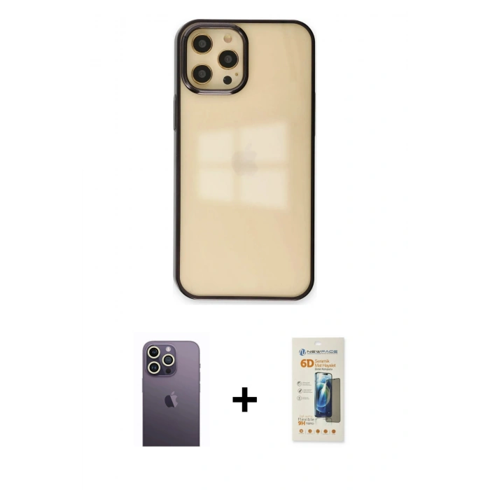 MARSİLYAN™- iPhone 12 Pro Max Kılıf Doruk Doku Prime - Siyah 6D Mat Seramik Hayalet Nano Ekran Koruyucu + Neon Fosforlu Kamera Lens - BZ