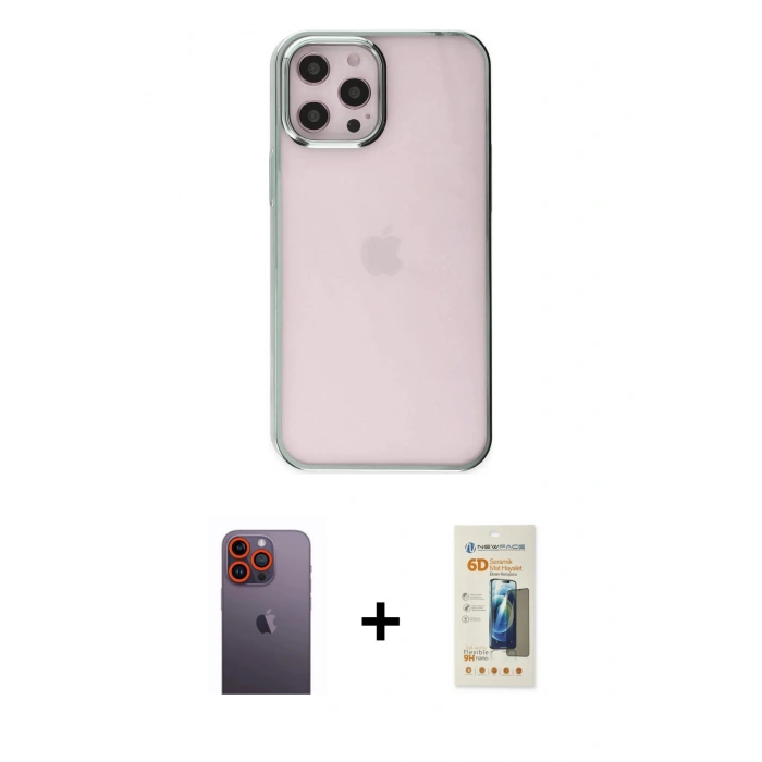 MARSİLYAN™- iPhone 12 Pro Max Kılıf Doruk Doku Prime - Siyah 6D Mat Seramik Hayalet Nano Ekran Koruyucu + Neon Fosforlu Kamera Lens - TU