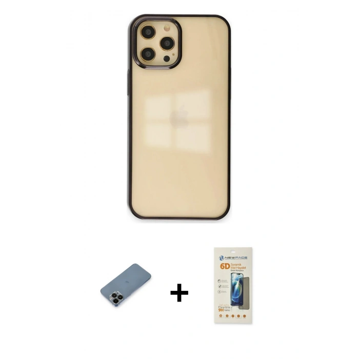 MARSİLYAN™- iPhone 12 Pro Max Kılıf Doruk Doku Prime - Siyah 6D Mat Seramik Hayalet Nano Ekran Koruyucu + Shine Kamera Lens Koruma Cam - SH