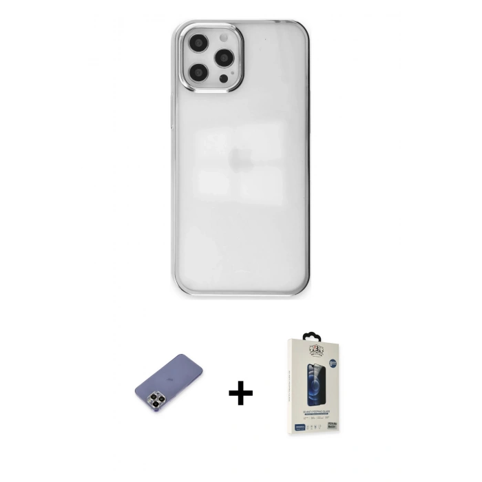 MARSİLYAN™- iPhone 12 Pro Max Kılıf Doruk Doku Prime - Siyah Bilvis Hayalet Cam Ekran Koruyucu + Metal Kamera Lens Koruma Cam - GD