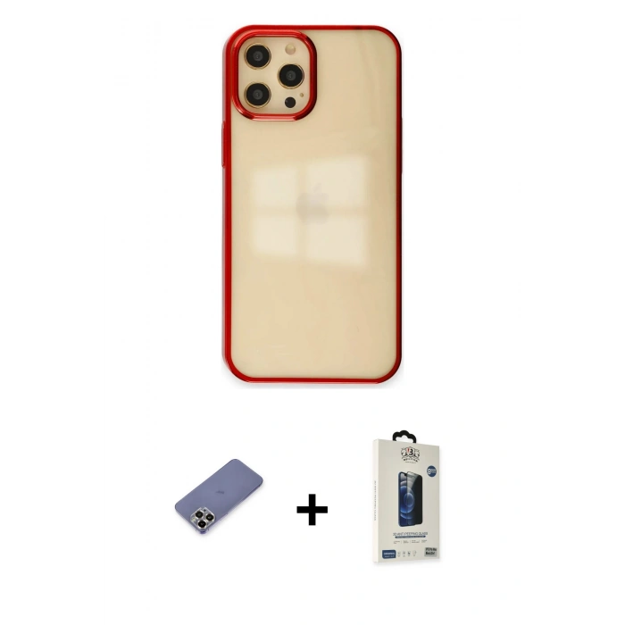 MARSİLYAN™- iPhone 12 Pro Max Kılıf Doruk Doku Prime - Siyah Bilvis Hayalet Cam Ekran Koruyucu + Metal Kamera Lens Koruma Cam - GD