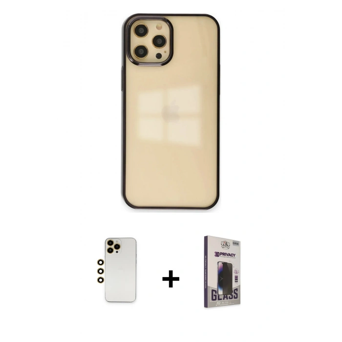 MARSİLYAN™- iPhone 12 Pro Max Kılıf Doruk Doku Prime - Siyah Bilvis Hayalet Cam Ekran Koruyucu + Shine Kamera Lens - GD