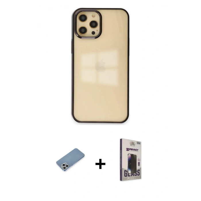MARSİLYAN™- iPhone 12 Pro Max Kılıf Doruk Doku Prime - Siyah Bilvis Hayalet Cam Ekran Koruyucu + Shine Kamera Lens Koruma Cam - GS