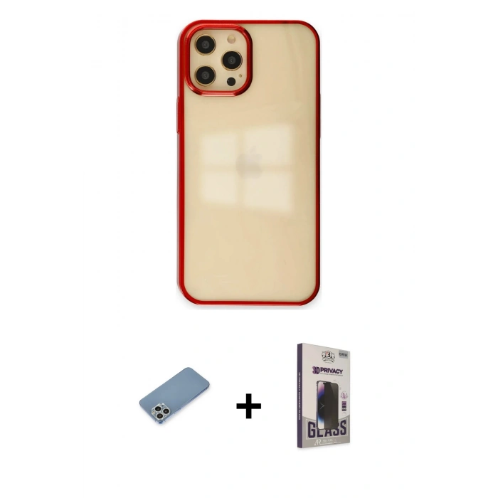 MARSİLYAN™- iPhone 12 Pro Max Kılıf Doruk Doku Prime - Siyah Bilvis Hayalet Cam Ekran Koruyucu + Shine Kamera Lens Koruma Cam - GS