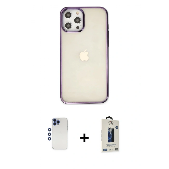 MARSİLYAN™- iPhone 12 Pro Max Kılıf Doruk Doku Prime - Siyah Bilvis Hayalet Cam Ekran Koruyucu + Shine Kamera Lens - LT
