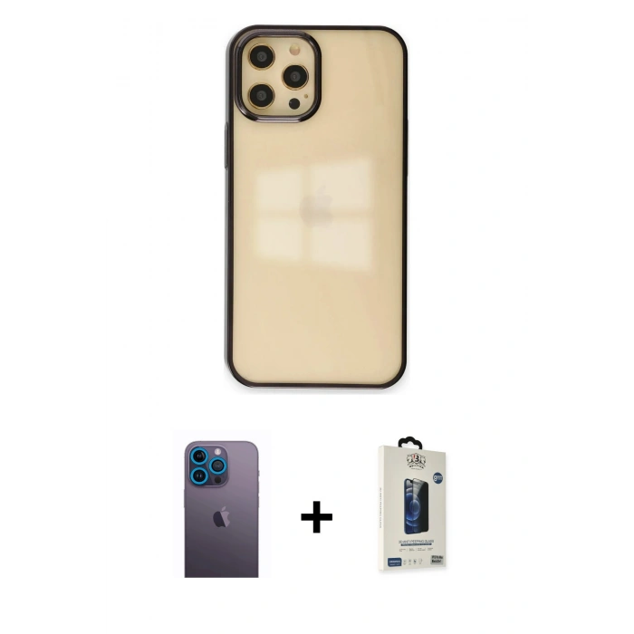MARSİLYAN™- iPhone 12 Pro Max Kılıf Doruk Doku Prime - Siyah Bilvis Hayalet Cam Ekran Koruyucu + Neon Fosforlu Kamera Lens - MI
