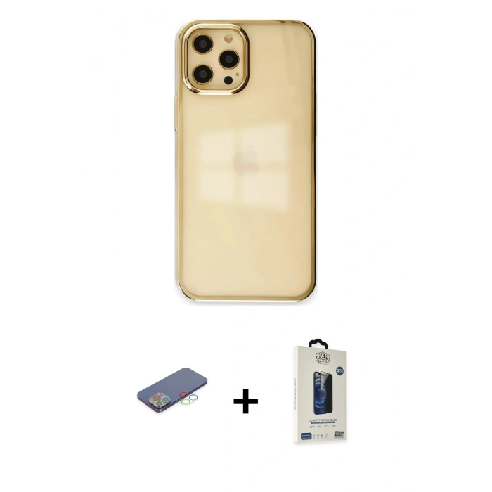MARSİLYAN™- iPhone 12 Pro Max Kılıf Doruk Doku Prime - Siyah Bilvis Hayalet Cam Ekran Koruyucu + Renkli Kamera Lens Koruma Cam - MI
