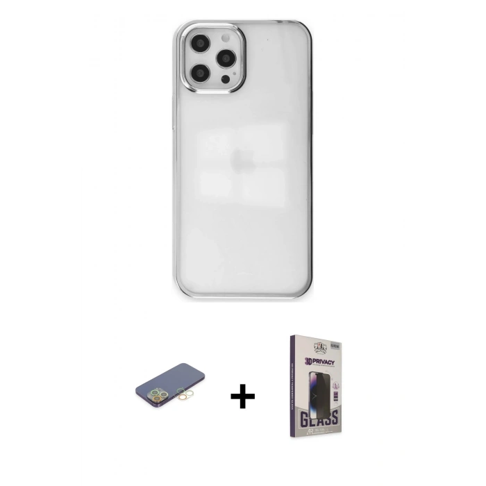 MARSİLYAN™- iPhone 12 Pro Max Kılıf Doruk Doku Prime - Siyah Bilvis Hayalet Cam Ekran Koruyucu + Renkli Kamera Lens Koruma Cam - SI
