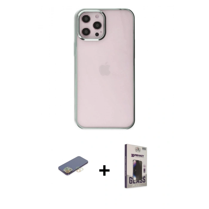 MARSİLYAN™- iPhone 12 Pro Max Kılıf Doruk Doku Prime - Siyah Bilvis Hayalet Cam Ekran Koruyucu + Renkli Kamera Lens Koruma Cam - SI