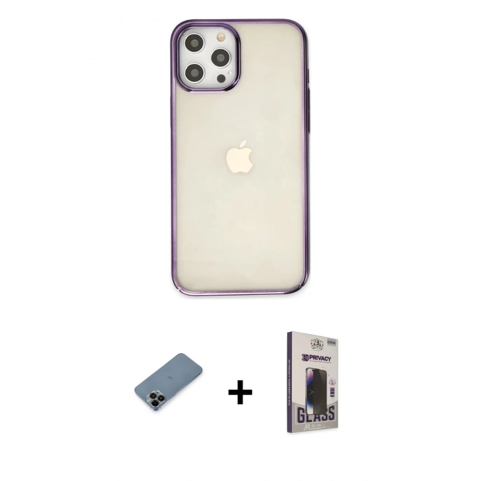 MARSİLYAN™- iPhone 12 Pro Max Kılıf Doruk Doku Prime - Siyah Bilvis Hayalet Cam Ekran Koruyucu + Shine Kamera Lens Koruma Cam - SH