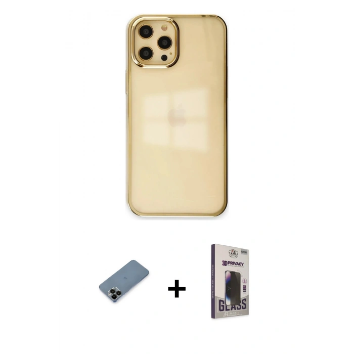 MARSİLYAN™- iPhone 12 Pro Max Kılıf Doruk Doku Prime - Siyah Bilvis Hayalet Cam Ekran Koruyucu + Shine Kamera Lens Koruma Cam - SH