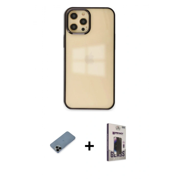 MARSİLYAN™- iPhone 12 Pro Max Kılıf Doruk Doku Prime - Siyah Bilvis Hayalet Cam Ekran Koruyucu + Shine Kamera Lens Koruma Cam - SH
