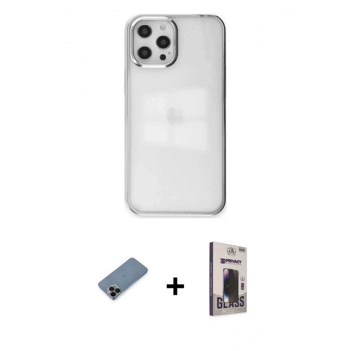 MARSİLYAN™- iPhone 12 Pro Max Kılıf Doruk Doku Prime - Siyah Bilvis Hayalet Cam Ekran Koruyucu + Shine Kamera Lens Koruma Cam - SH