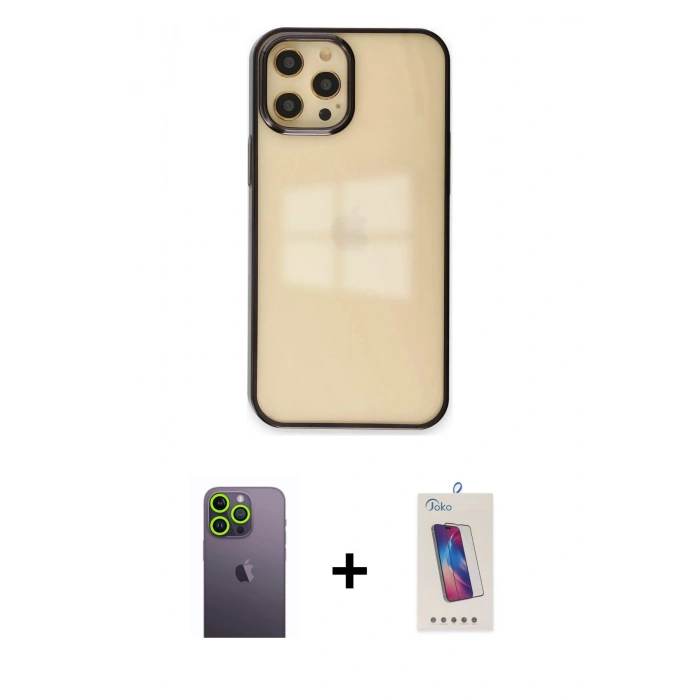 MARSİLYAN™- iPhone 12 Pro Max Kılıf Doruk Doku Prime - Siyah Joko 5D Cam + Neon Fosforlu Kamera Lens - YL