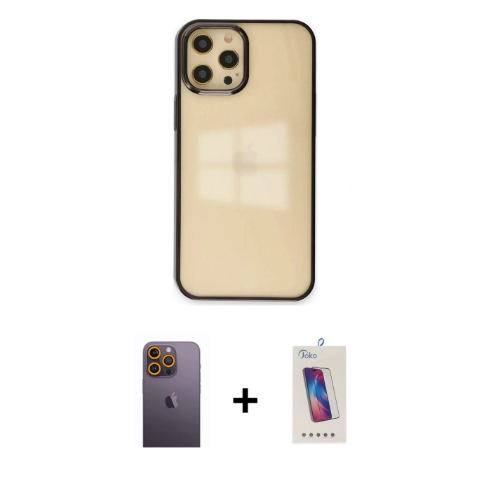 MARSİLYAN™- iPhone 12 Pro Max Kılıf Doruk Doku Prime - Siyah Joko 5D Cam + Neon Fosforlu Kamera Lens - SI