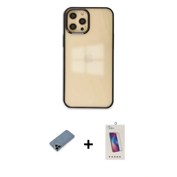 MARSİLYAN™- iPhone 12 Pro Max Kılıf Doruk Doku Prime - Siyah Joko 5D Cam + Shine Kamera Lens Koruma Cam - SH