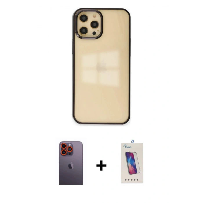 MARSİLYAN™- iPhone 12 Pro Max Kılıf Doruk Doku Prime - Siyah Joko 5D Cam + Neon Fosforlu Kamera Lens - TU
