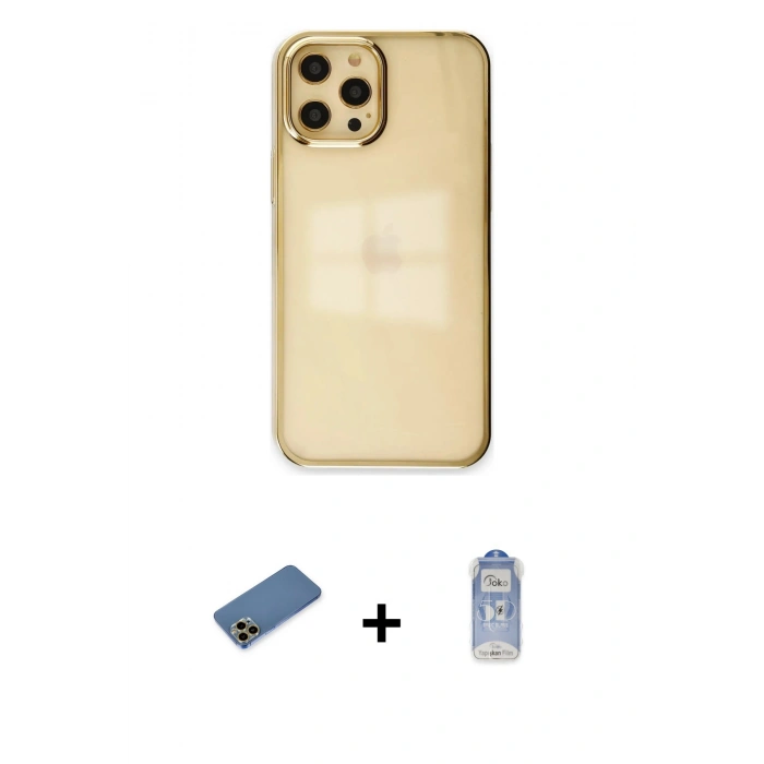 MARSİLYAN™- iPhone 12 Pro Max Kılıf Doruk Doku Prime - Siyah Joko Magic 5D Cam + Gold Shine Kamera Lens Koruma Cam
