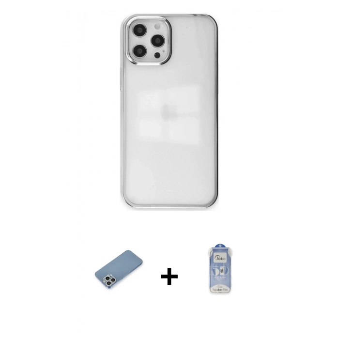 MARSİLYAN™- iPhone 12 Pro Max Kılıf Doruk Doku Prime - Siyah Joko Magic 5D Cam + Gümüş Shine Kamera Lens Koruma Cam